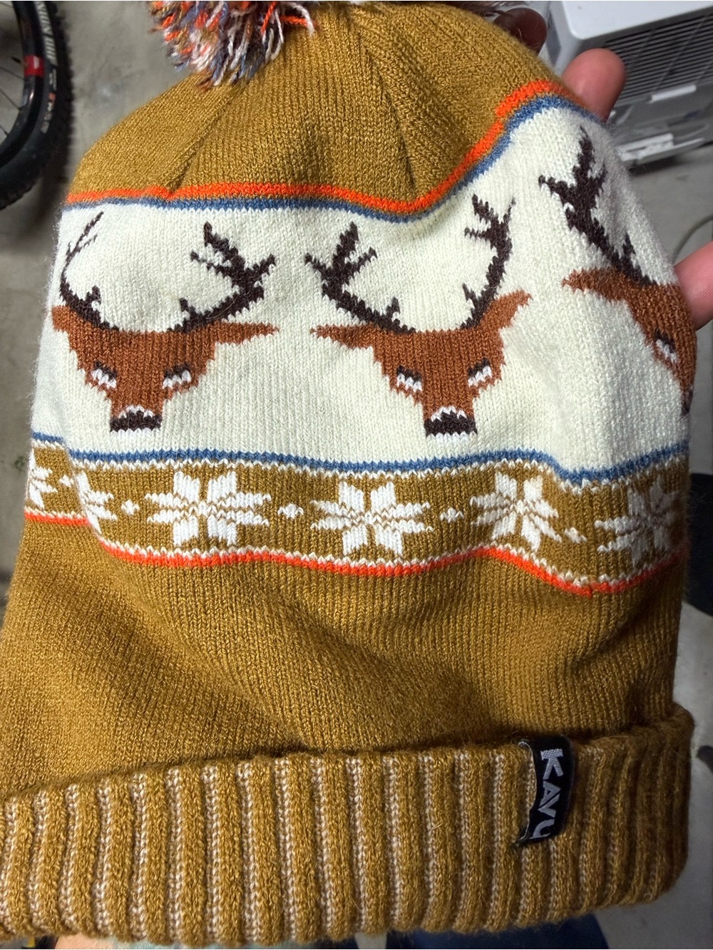 Kavu Mustard and White Reindeer Knit Beanie